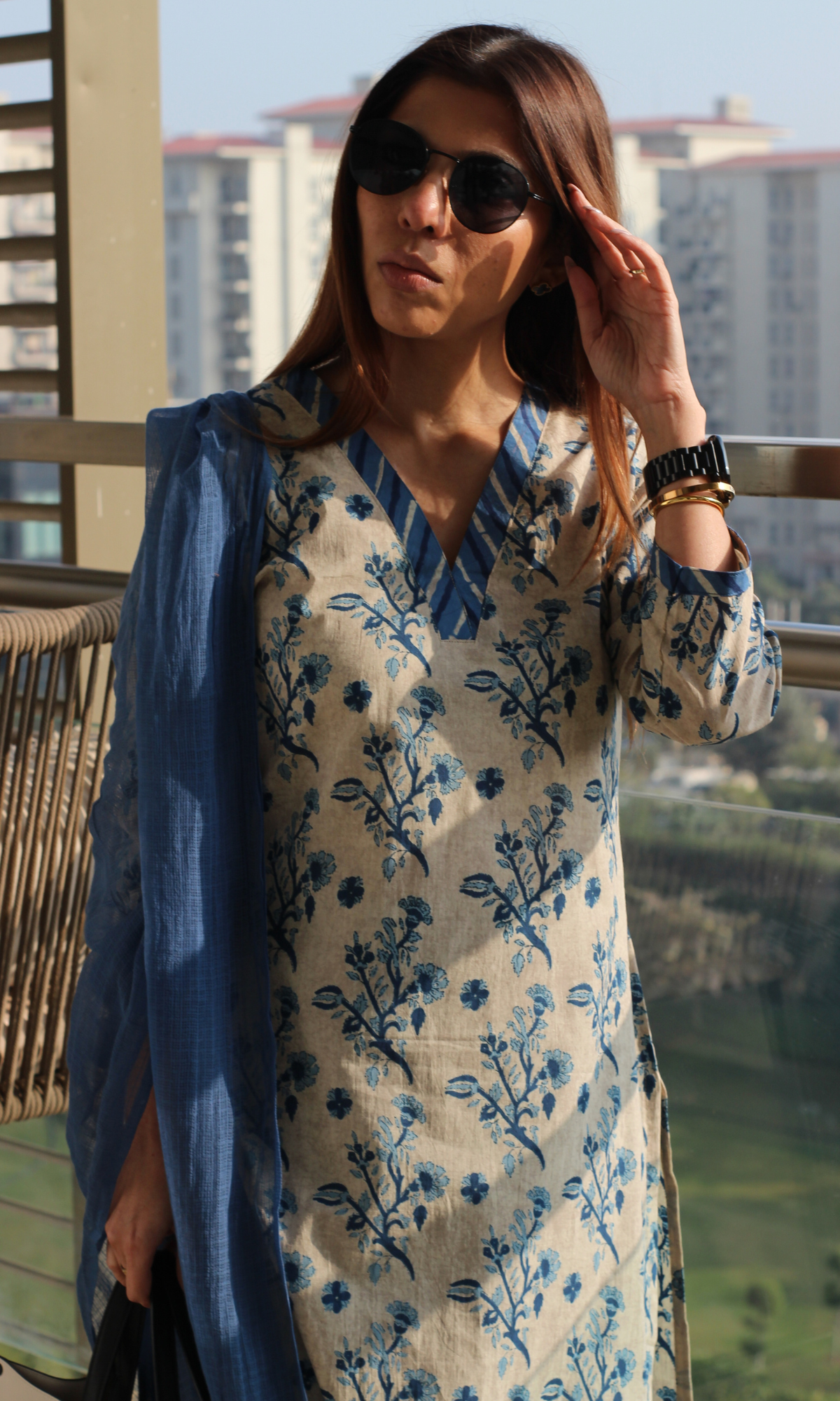 Cotton Oat Blue Block Print Kurta , Striped Pants & Kota Doria Dupatta