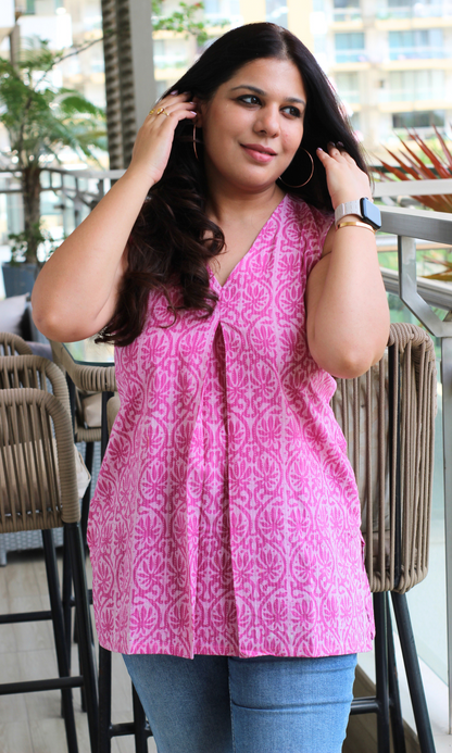 Pink Kantha Printed Cotton Pleated Short Kurti