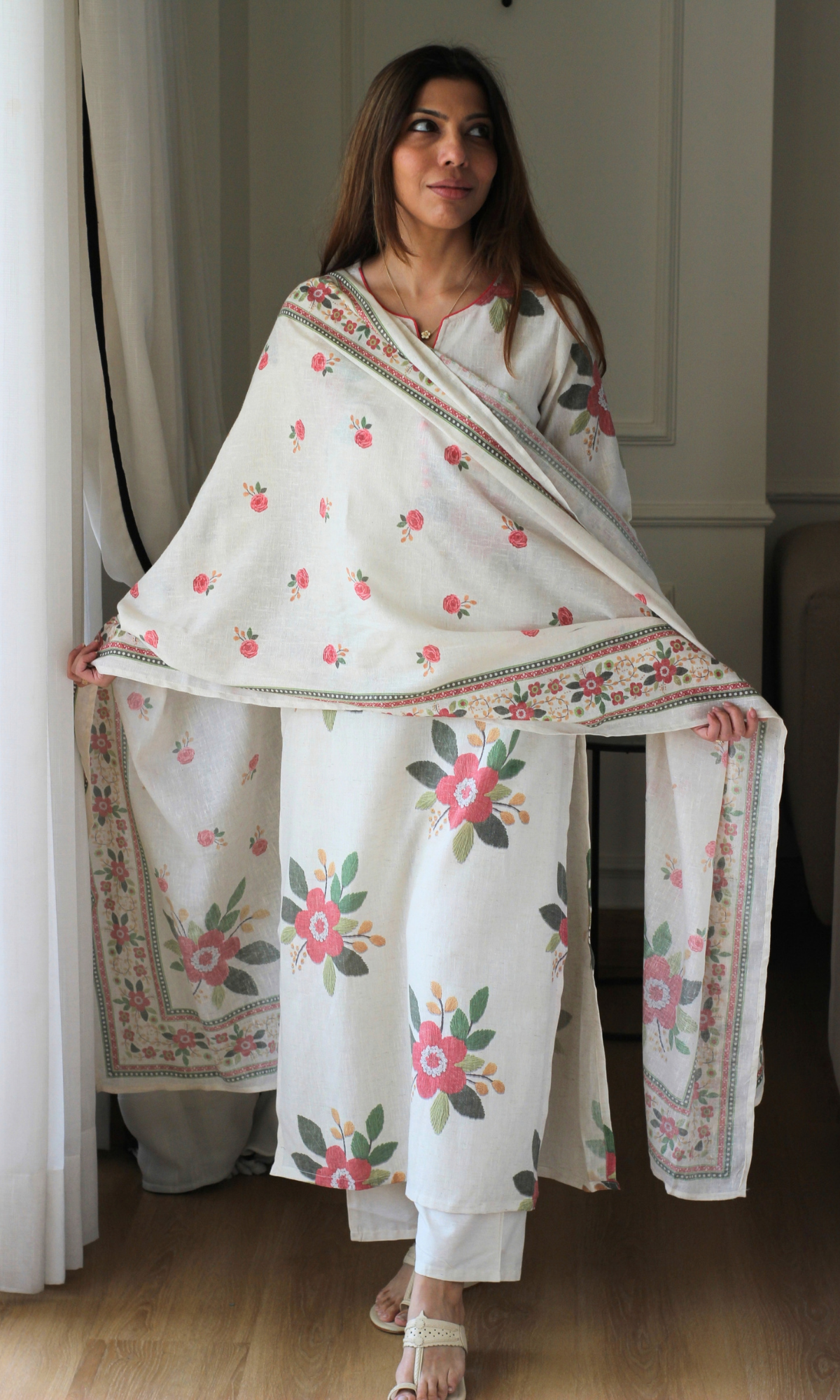 Ivory Cotton Rose Pink Floral Print Kurta, Pants & Dupatta