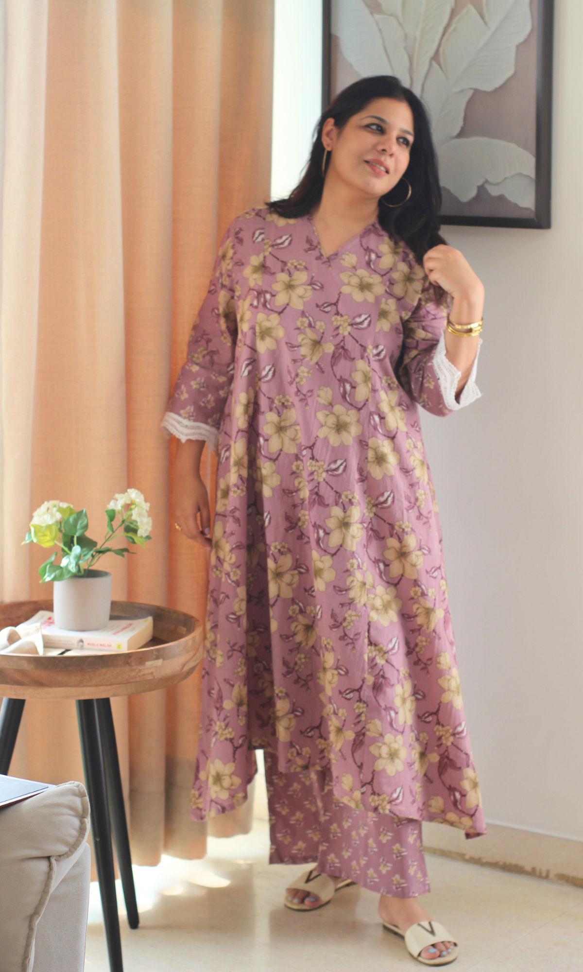 Purple Floral High Low Kurta with Palazzo