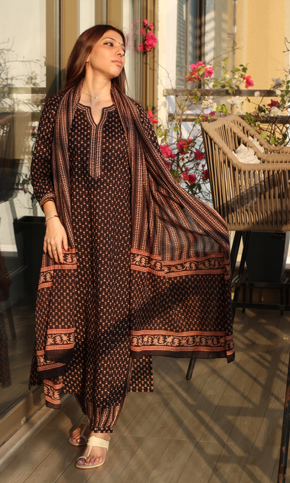 Dharti Black Boota Ajrakh Print Kurta , Afgani Salwaar & Cotton Printed Dupatta