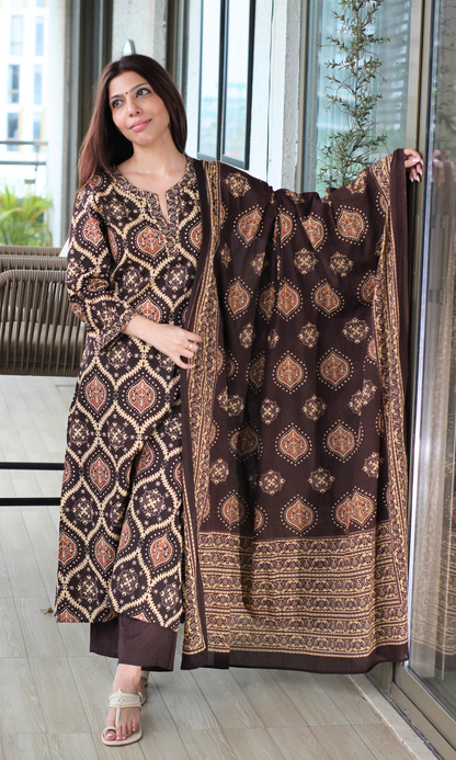 Mocha Royale Ajrakh Print Cotton Kurta, Dupatta & Plain Pants