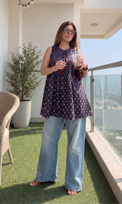 Indigo Ajrakh Print Cotton A Line short Kurti