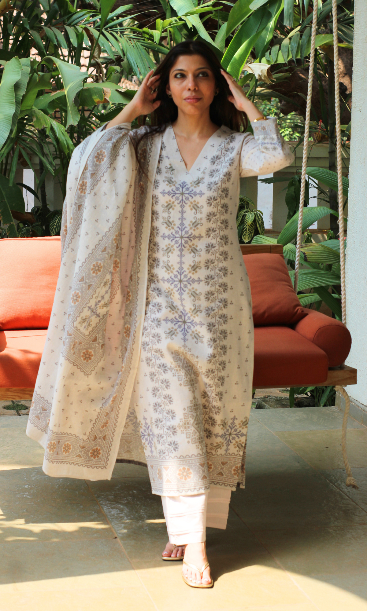 Linen Blend Ivory Calm Mosaic Kurta , Dupatta with Cotton Pants