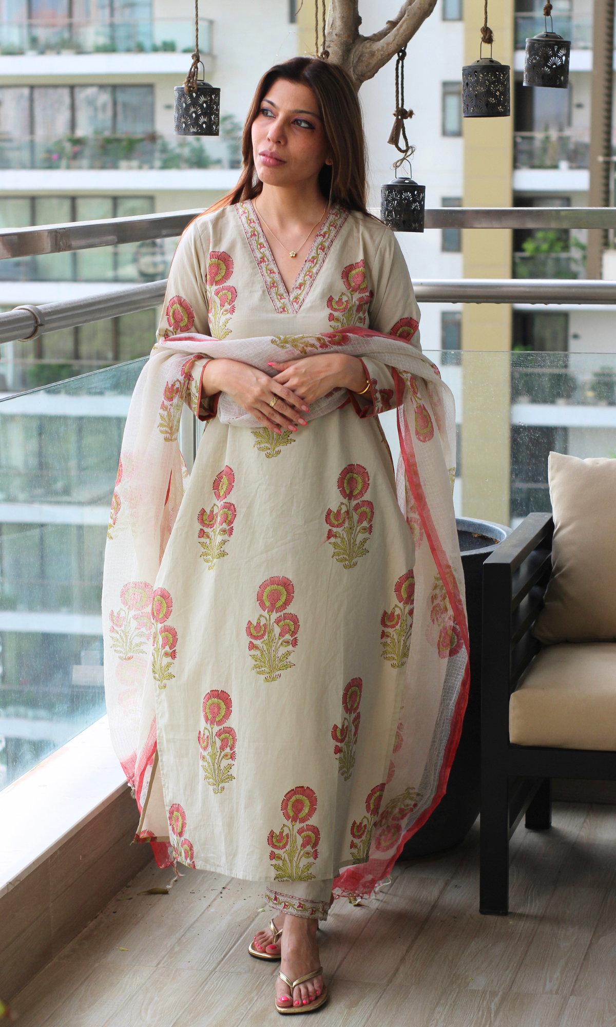 Saira Sorbet Flower Handblock Print Kurta, Pant and Kota Doria Printed Dupatta