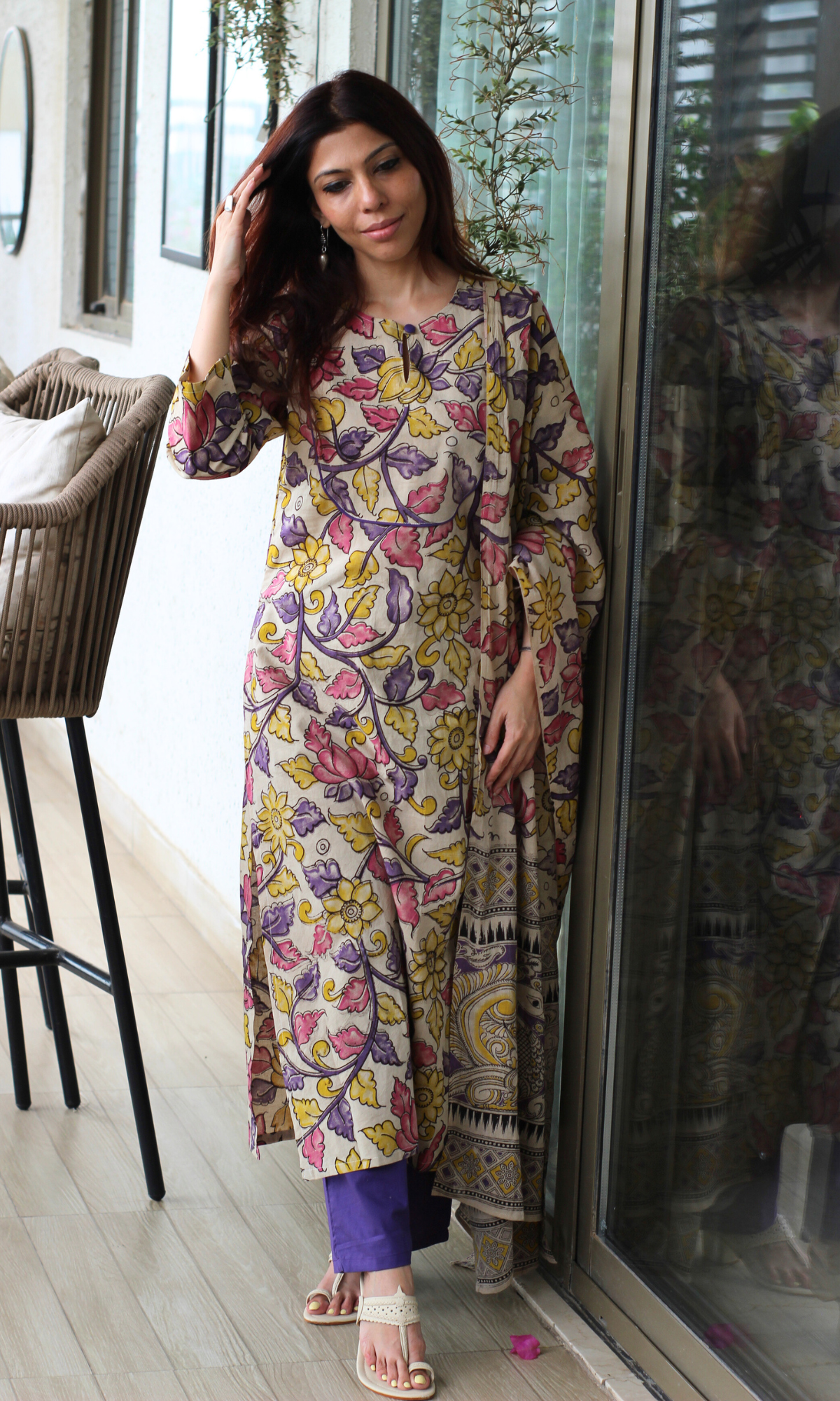 Kavya Purple Handblock Kalamkari Kurta, Dupatta & Cotton Pants
