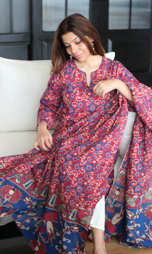 Cotton Samira Pink Handblock Kalamkari Kurta & Dupatta