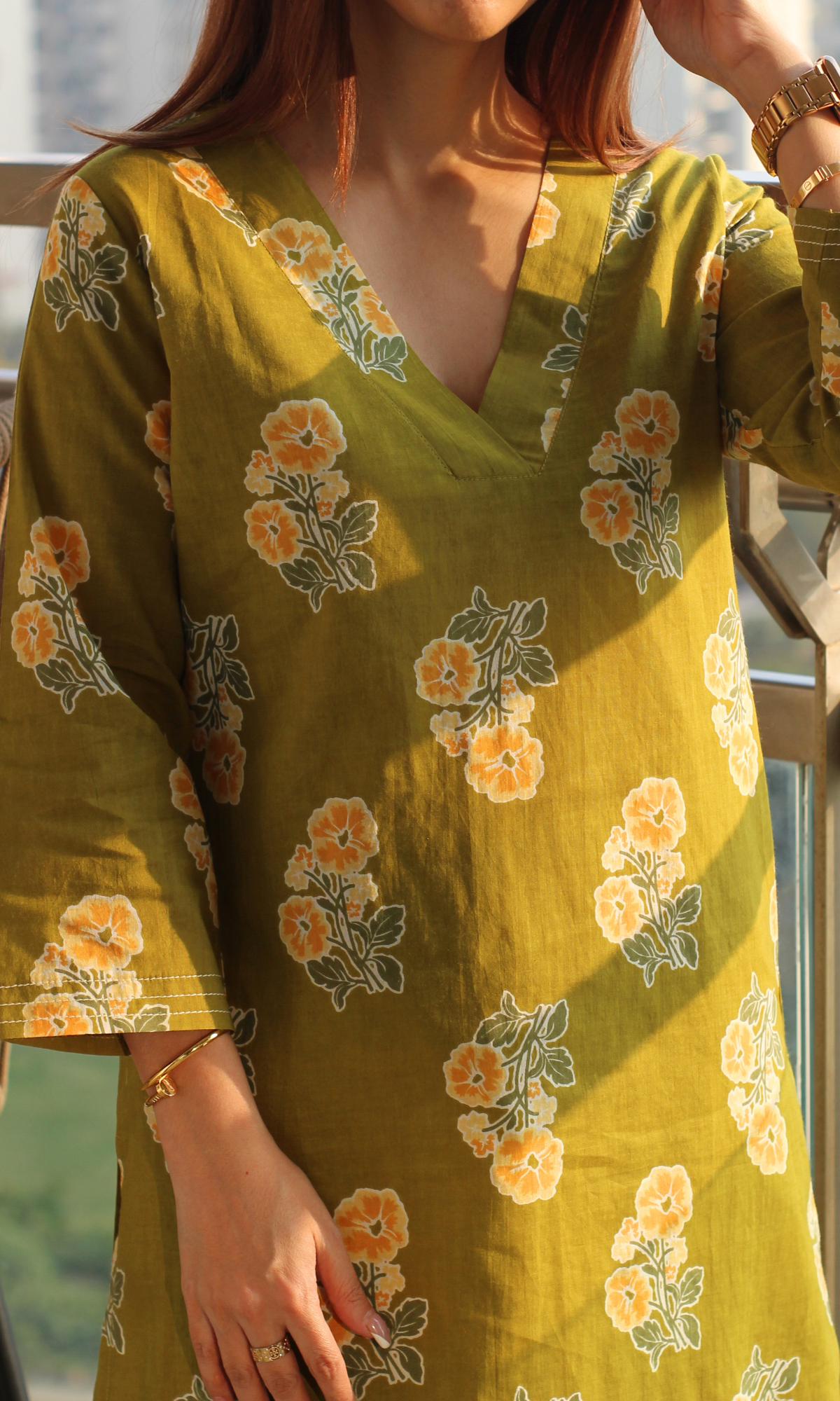 Sunlit Olive Flower Block Print Kurta & Pant