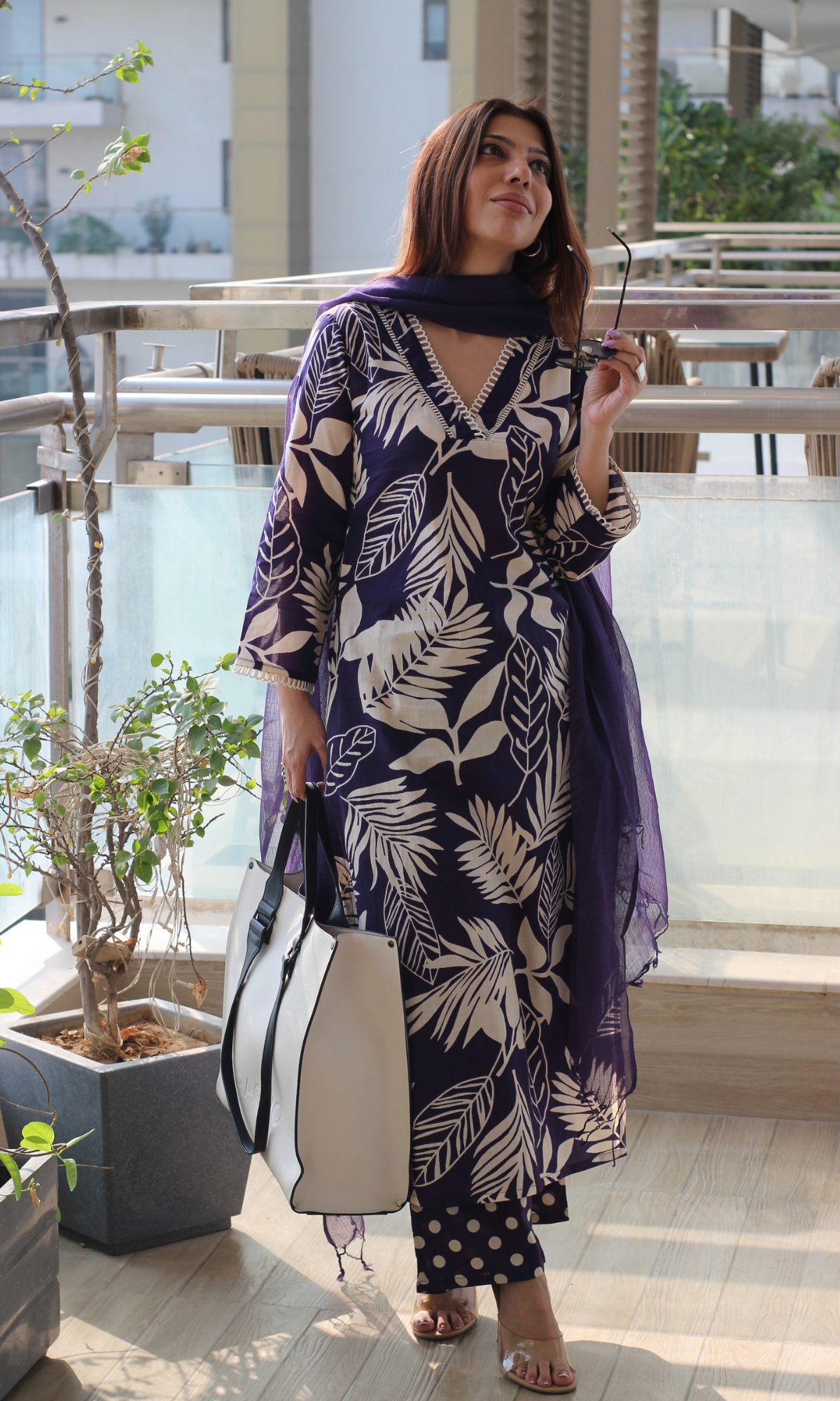 Twilight Purple Big Leaf Kurta, Polka Pants & Kota Doria Dupatta