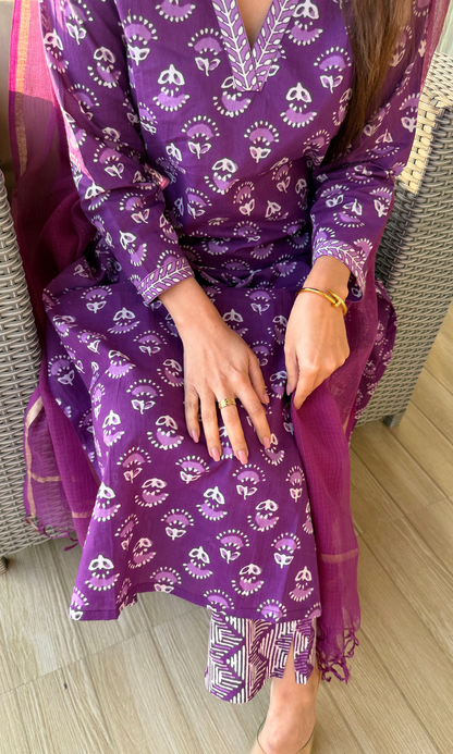 Cotton Orchid Block Printed Suit Set with Kota Doria Dupatta