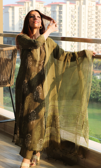 Kota Doria Olive Green Handblock Print Kurta and Dupatta with Cotton Pants
