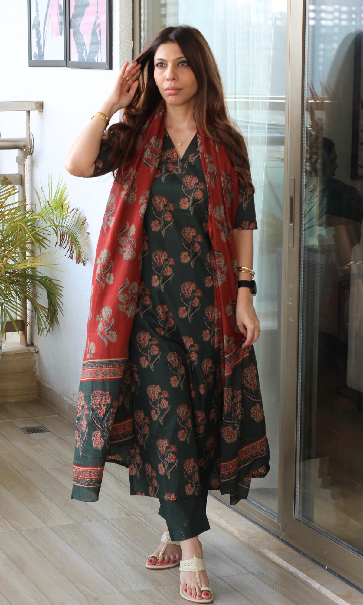 Bottle Green Ajrakh Half Sleeves Kurta , Cotton Pants with Contrast Printed Dupatta