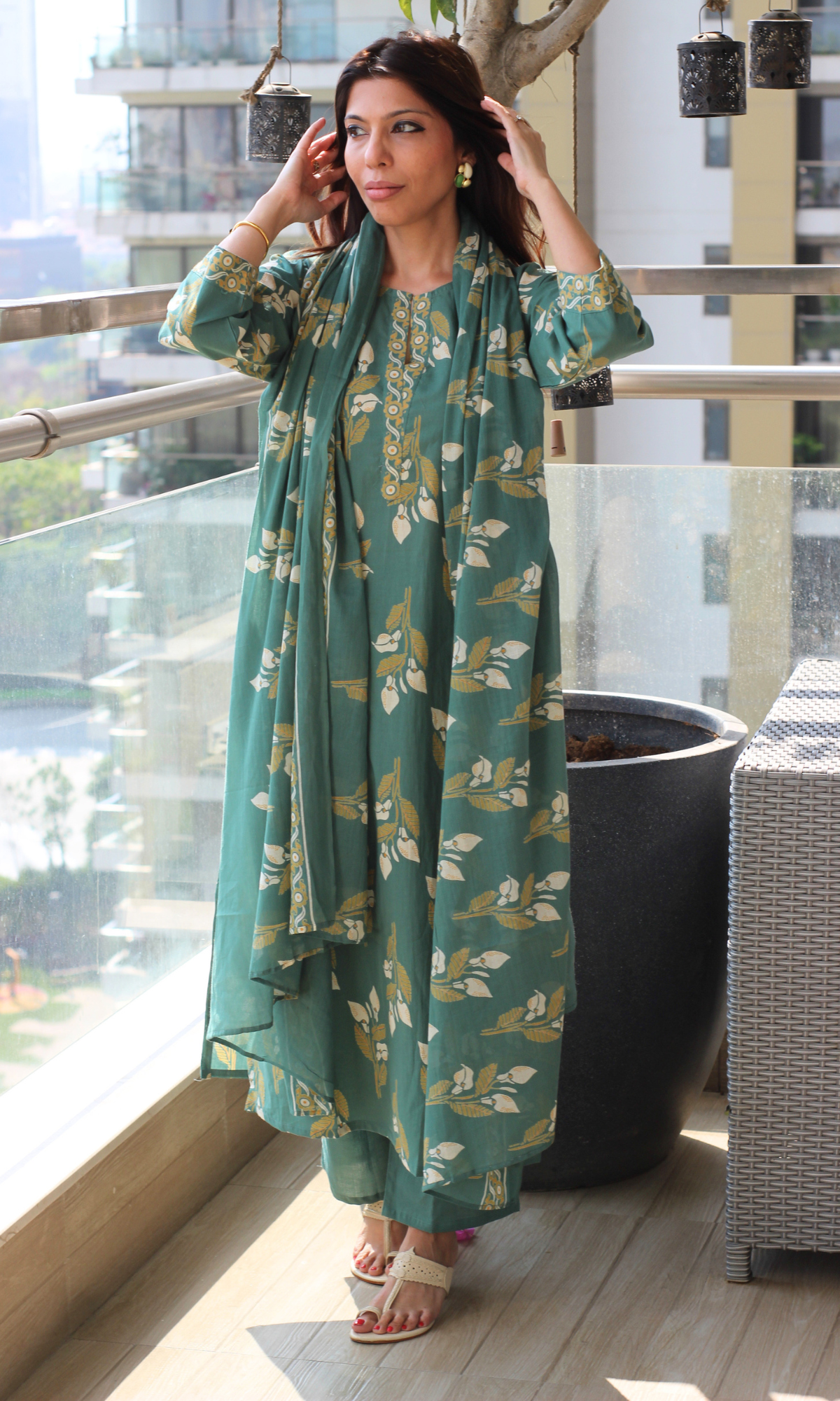 Soft Green Petal Print Kurta, Mul Dupatta & Cotton Pants