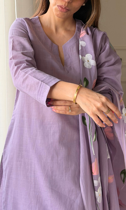 Lavender Slub Kurta with Pant & Mul Handpainted Dupatta