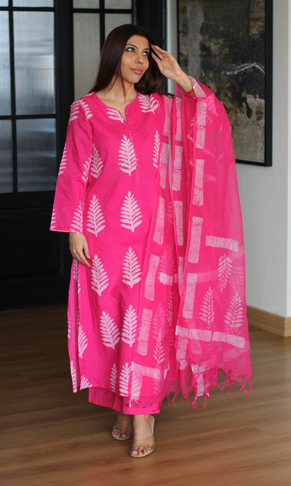 Pink Leaf Boota Handblock Print Cotton Kurta, Pant, Printed Kota Doria Dupatta