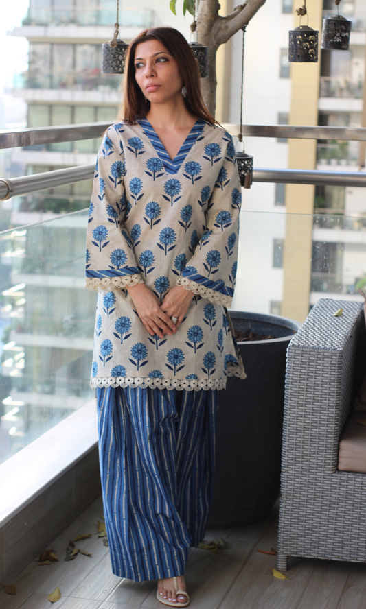 Earthy Indigo Floral Kurta with Lace Detailing & Farshi Salwaar