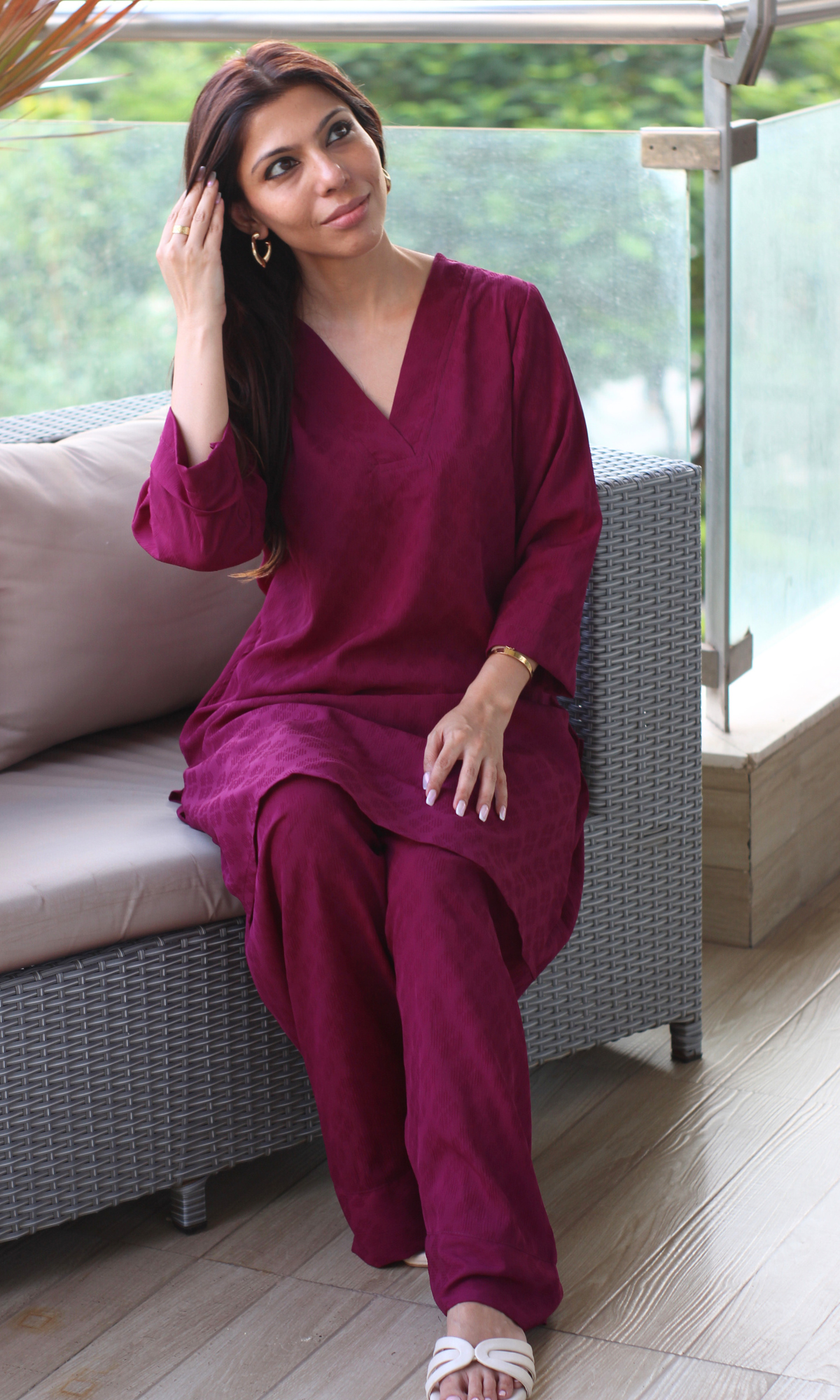 Wine Textured Kurta with Farshi Salwaar