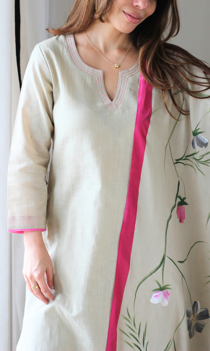 Cotton Slub Clary Sage Kurta, Pant & Mul Handpainted Dupatta