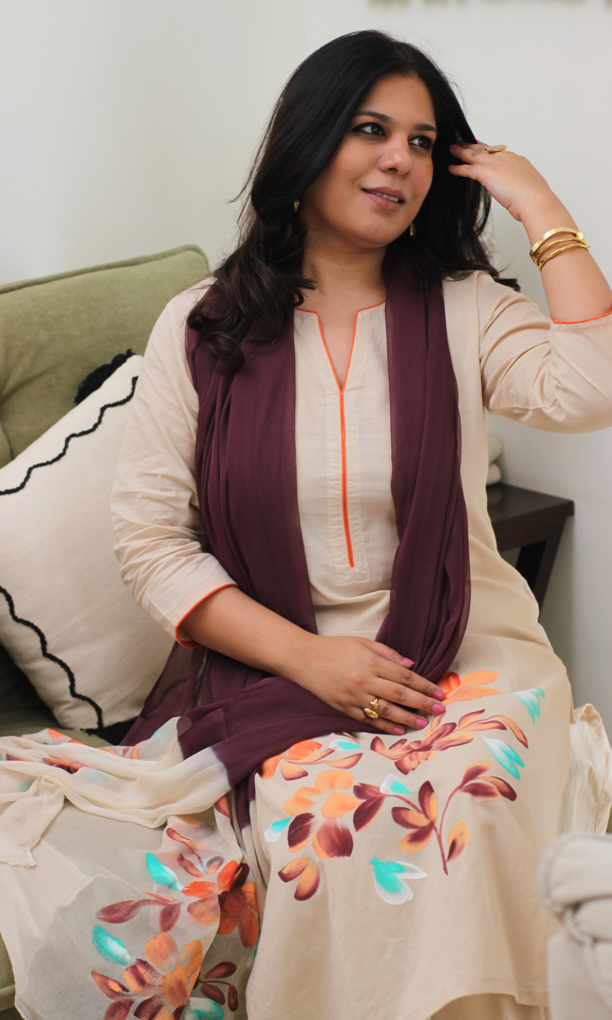 Beige & Wine Symphony Handbrush Painted Kurta, Cotton Pants & Chiffon Ombre Handpainted Dupatta
