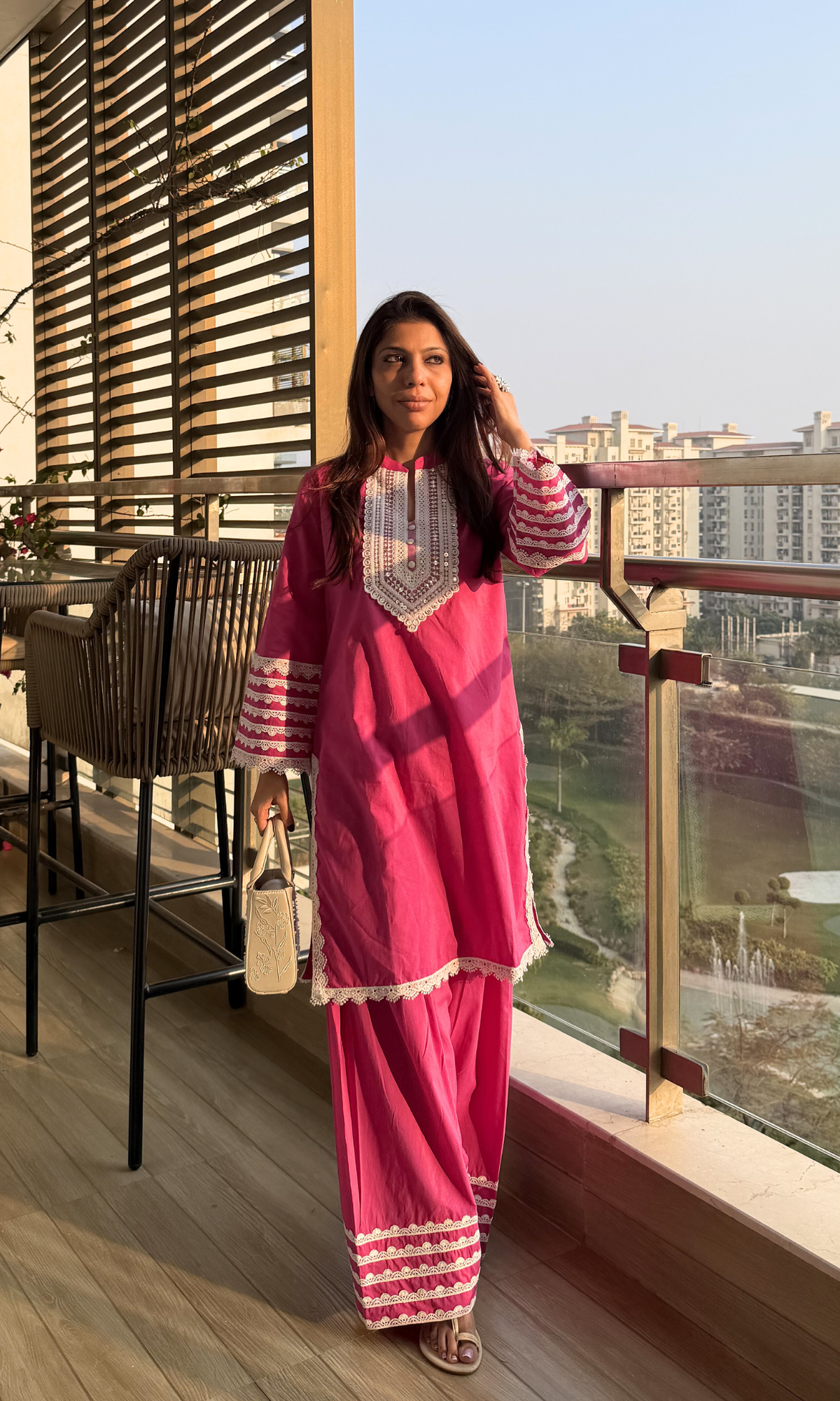 Hot Pink Afreen Thread Lace Work Cotton Kurta & Farshi Salwaar