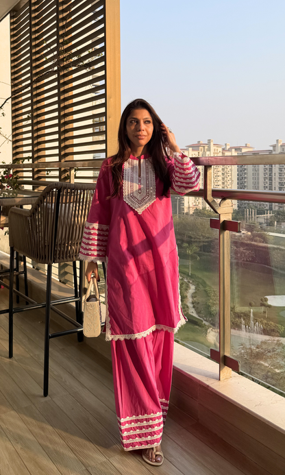 Hot Pink Afreen Thread Lace Work Cotton Kurta & Farshi Salwaar