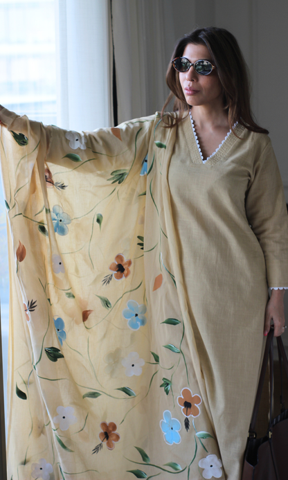 Wheat Slub Cotton Kurta with Pant & Mul Handpainted Dupatta