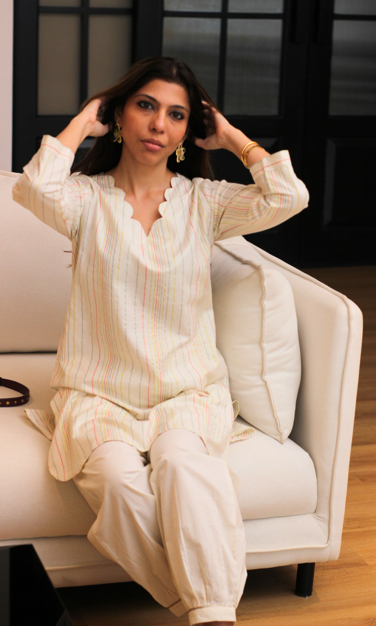 Ivory Cotton Lurex Rainbow striped Kurta with Pleated Pants