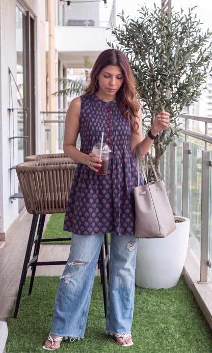 Indigo Ajrakh Print Cotton A Line short Kurti