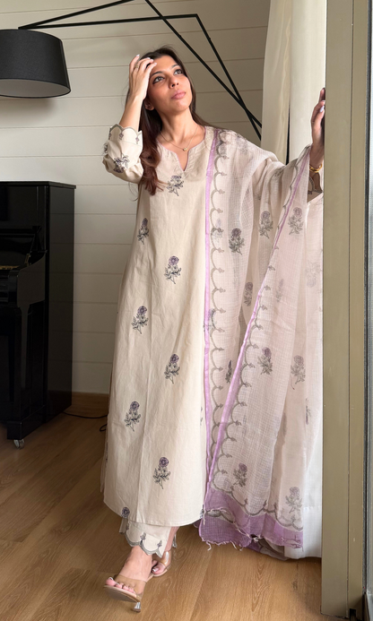 Saira Beige Lavender Flower Handblock Printed Kurta, Cotton Pant & Kota Doria Handblock Printed Dupatta