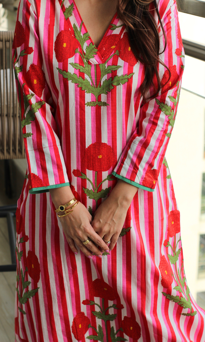 Red & Pink Mughal Cotton Kurta with Pants