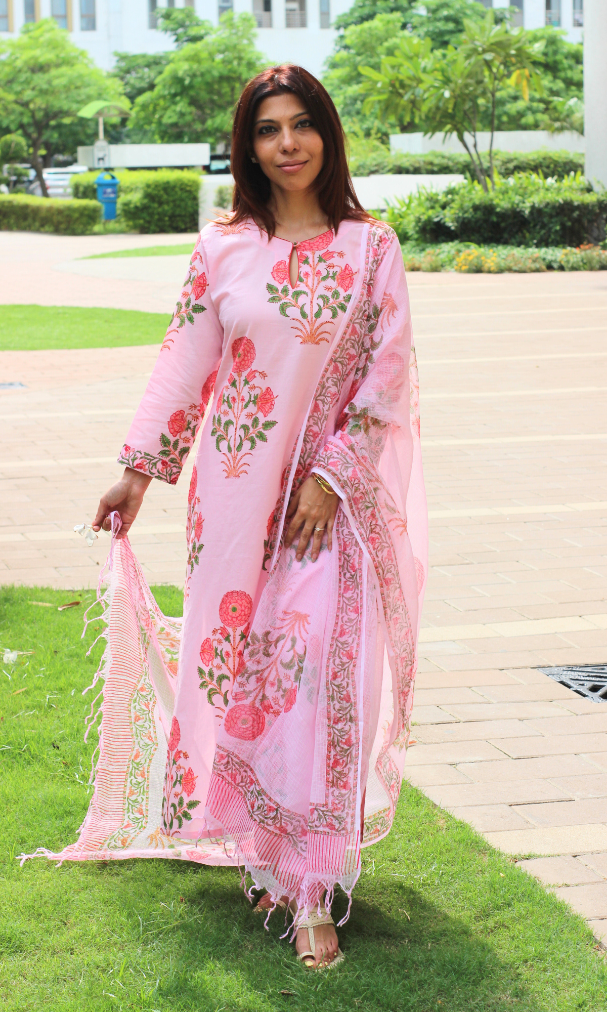 Pink Handblock Mughal Print Cotton Kurta, Pant & Kota Doria  Dupatta