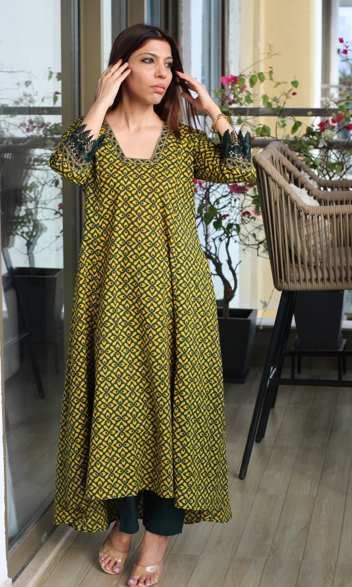 Bottle Green & Mustard Kali Kurta & Cotton Pants