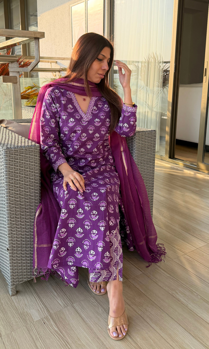 Cotton Orchid Block Printed Suit Set with Kota Doria Dupatta