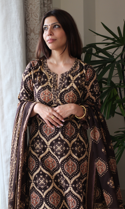 Mocha Royale Ajrakh Print Cotton Kurta, Dupatta & Plain Pants