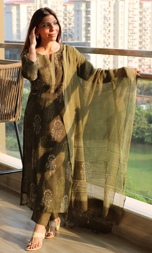Kota Doria Olive Green Handblock Print Kurta and Dupatta with Cotton Pants