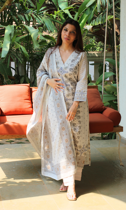 Linen Blend Ivory Calm Mosaic Kurta , Dupatta with Cotton Pants