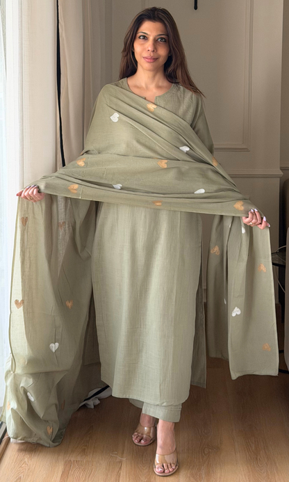 Soft Sage Slub Kurta, Pant with Cotton Hearts Handpainted Dupatta