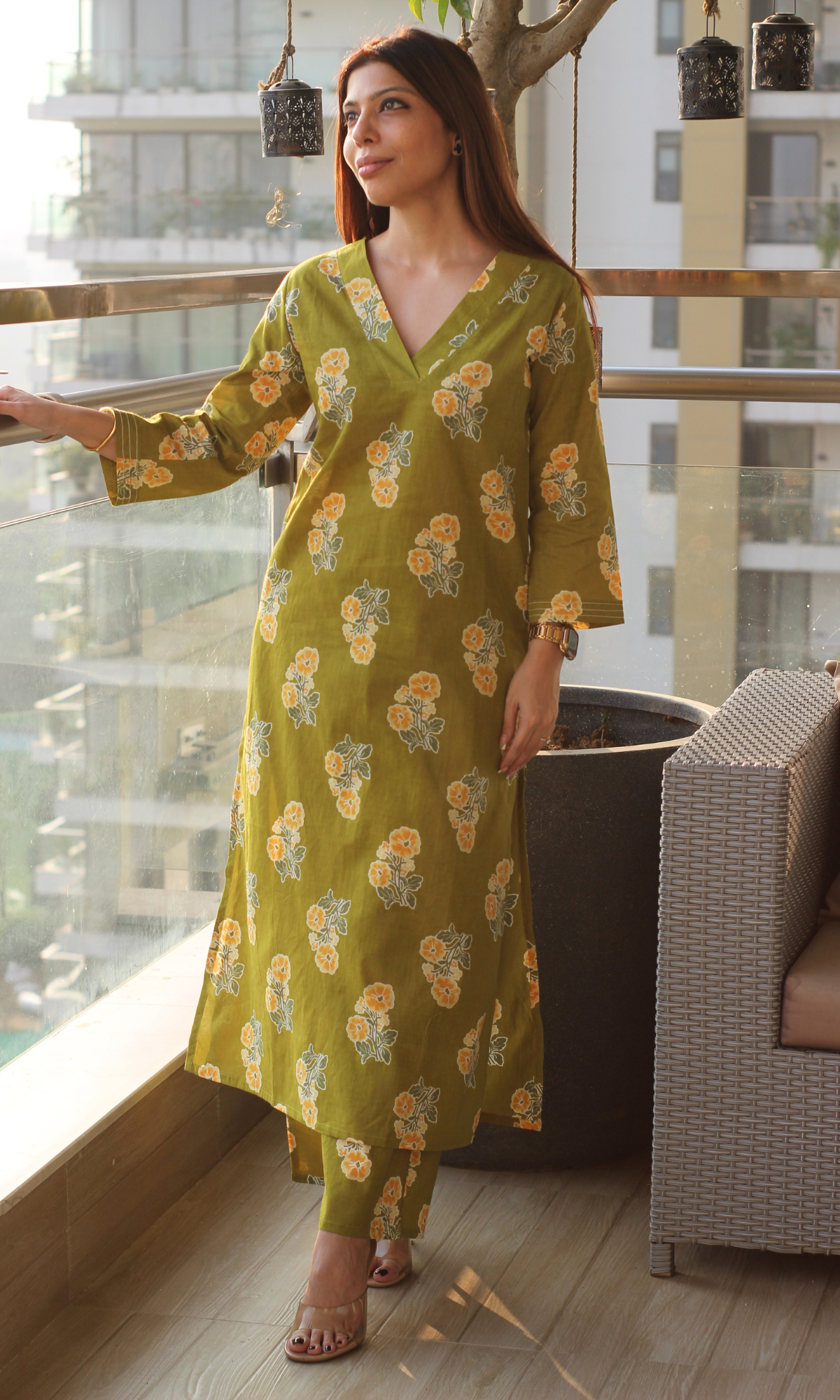 Sunlit Olive Flower Block Print Kurta & Pant