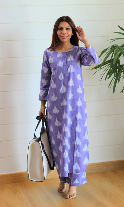 Lavender Haze Ikat Buttoned Kurta with Pintuck Pleated Pants