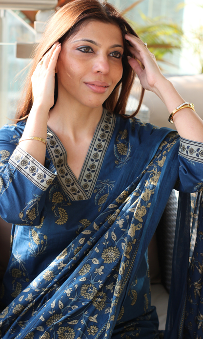 Cotton Pastel Blue Mughal Print Suit with Cotton Printed Dupatta