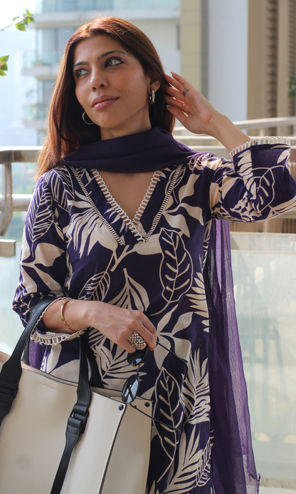 Twilight Purple Big Leaf Kurta, Polka Pants & Kota Doria Dupatta