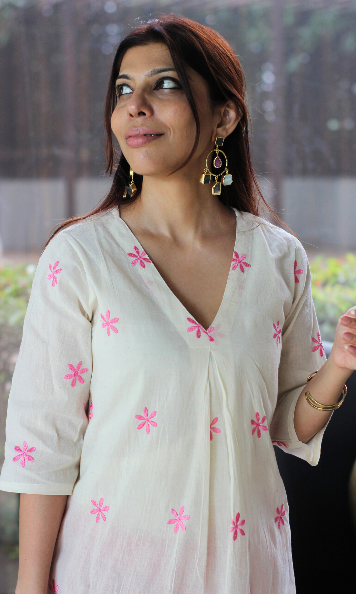 Kora Pink Flowers Embroidered Pleated Kurta & Pants