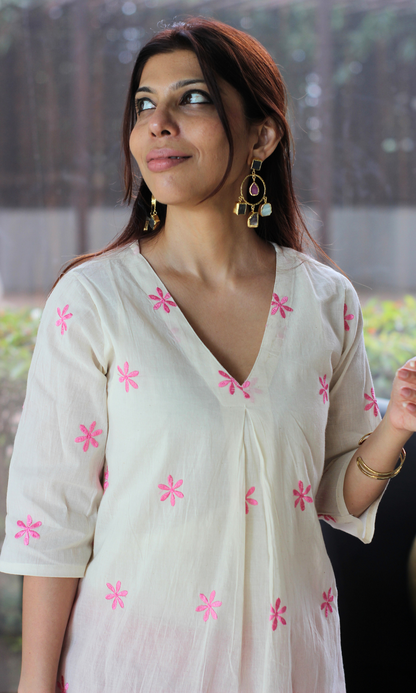 Kora Pink Flowers Embroidered Pleated Kurta & Pants