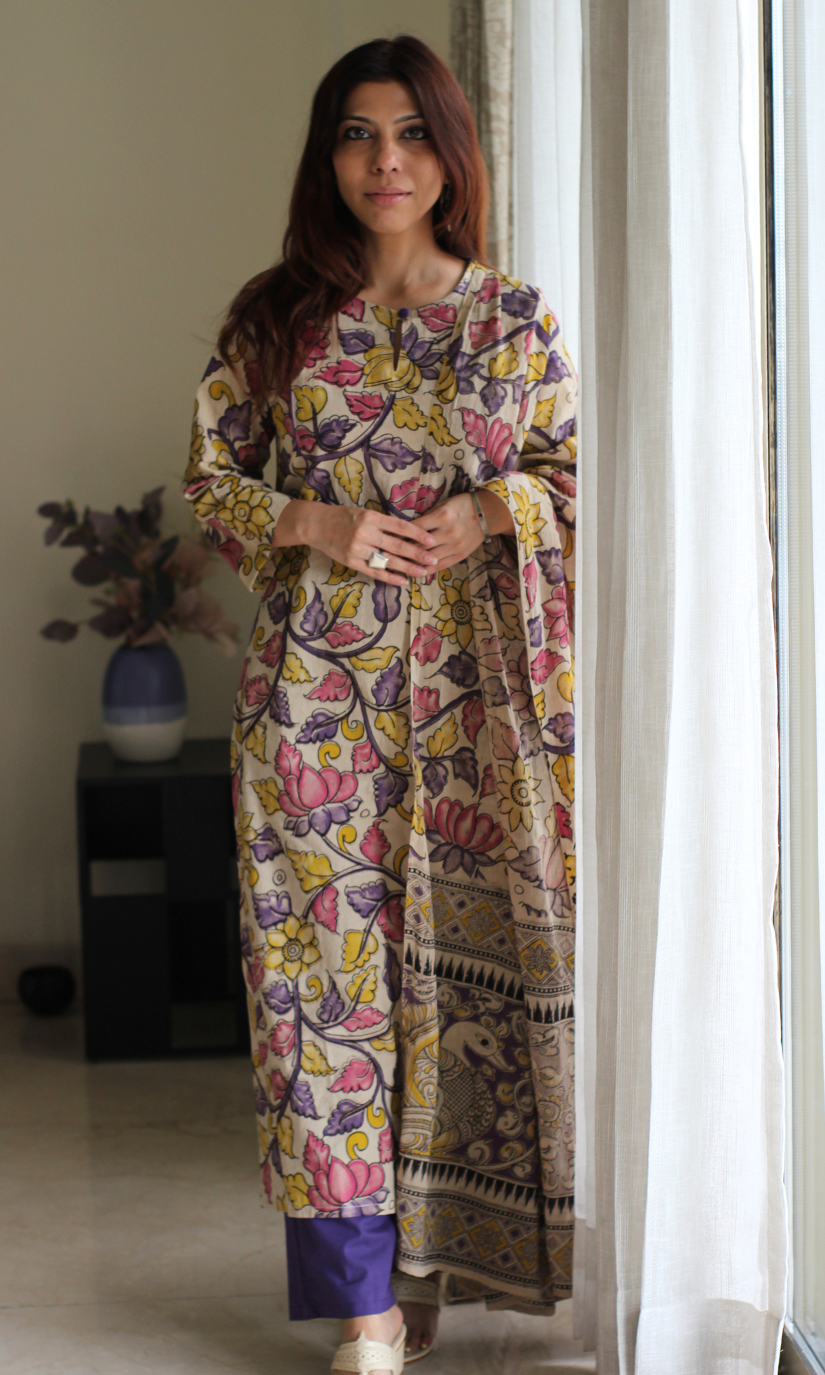 Kavya Purple Handblock Kalamkari Kurta, Dupatta & Cotton Pants