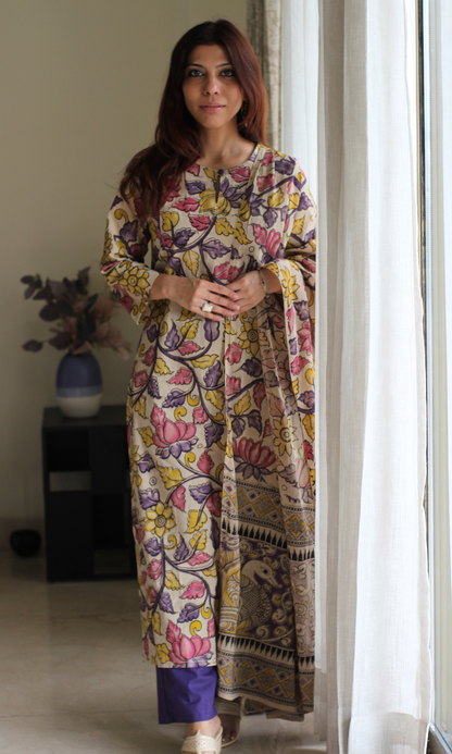 Kavya Purple Handblock Kalamkari Kurta, Dupatta & Cotton Pants