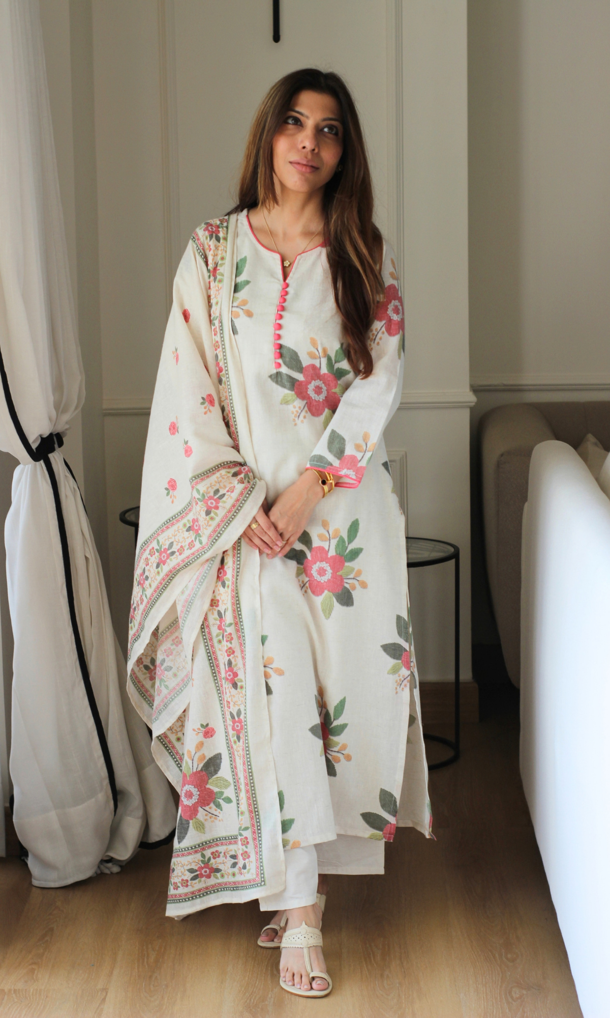 Ivory Cotton Rose Pink Floral Print Kurta, Pants & Dupatta