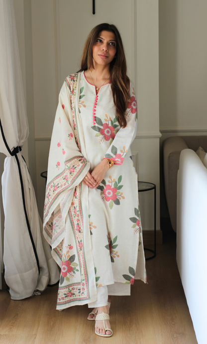 Ivory Cotton Rose Pink Floral Print Kurta, Pants & Dupatta