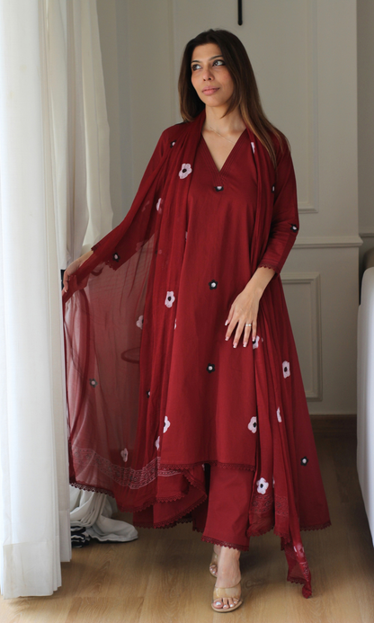 Florence Ruby A line Kurta with lace , Cotton Pants & Chiffon handpainted dupatta