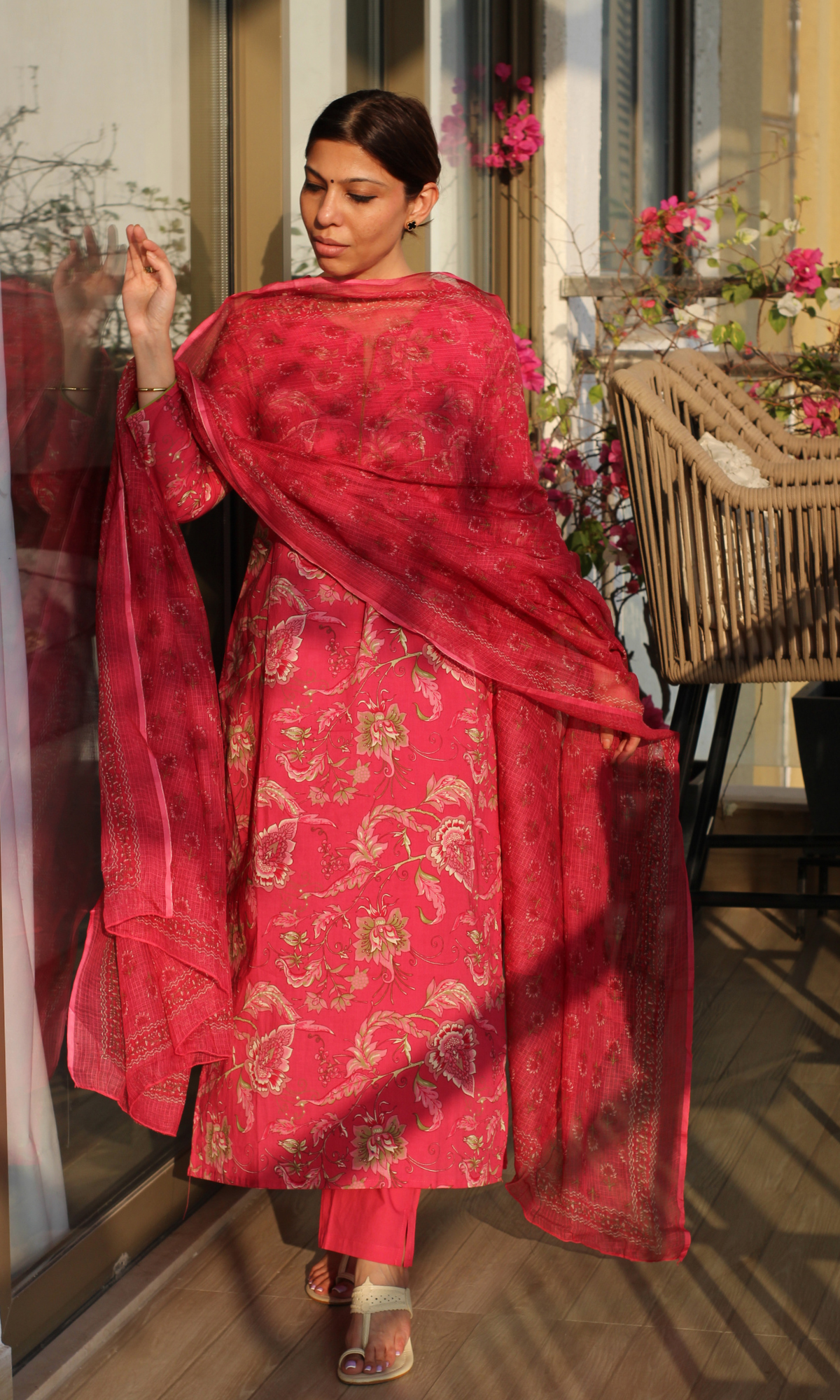 Berry Pink Jaal Print Cotton Kurta ,Pant & Kota Doria Booti Dupatta