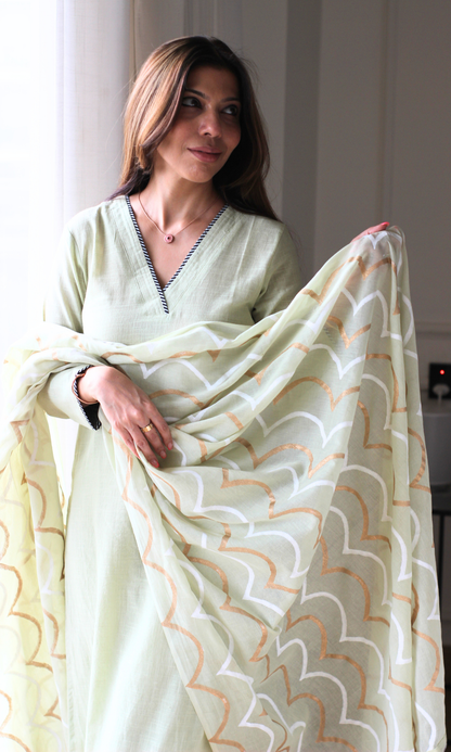 Lime Green Cotton Slub Kurta, Pants & Cotton Wave Block Print Dupatta